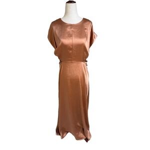 Bohme Satin Maxi Dress Copper Bronze Tie Waist Short Sleeve Medium Modest‎